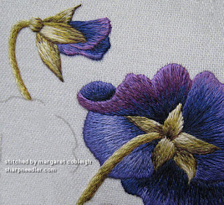 Detail of thread painted embroidered purple pansy flower and bud (Pansies designed by Trish Burr)