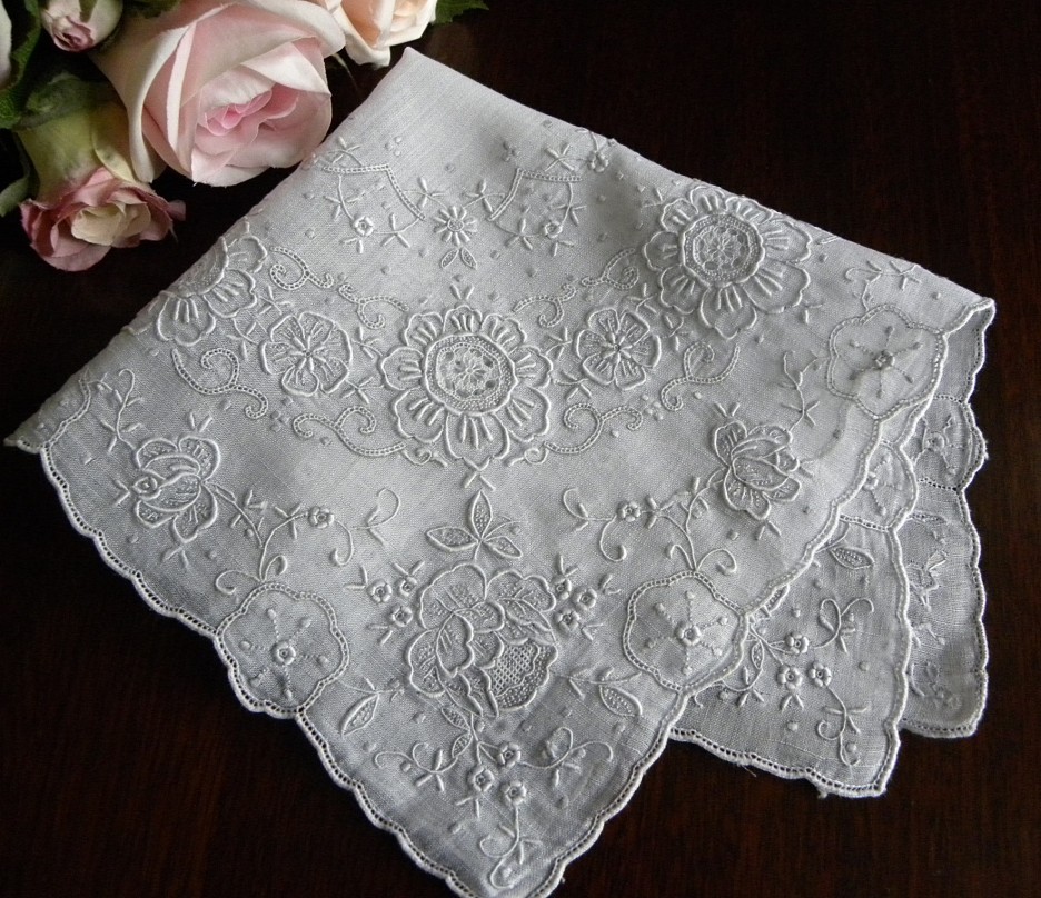 Exquisite handwork on vintage wedding handkerchief
