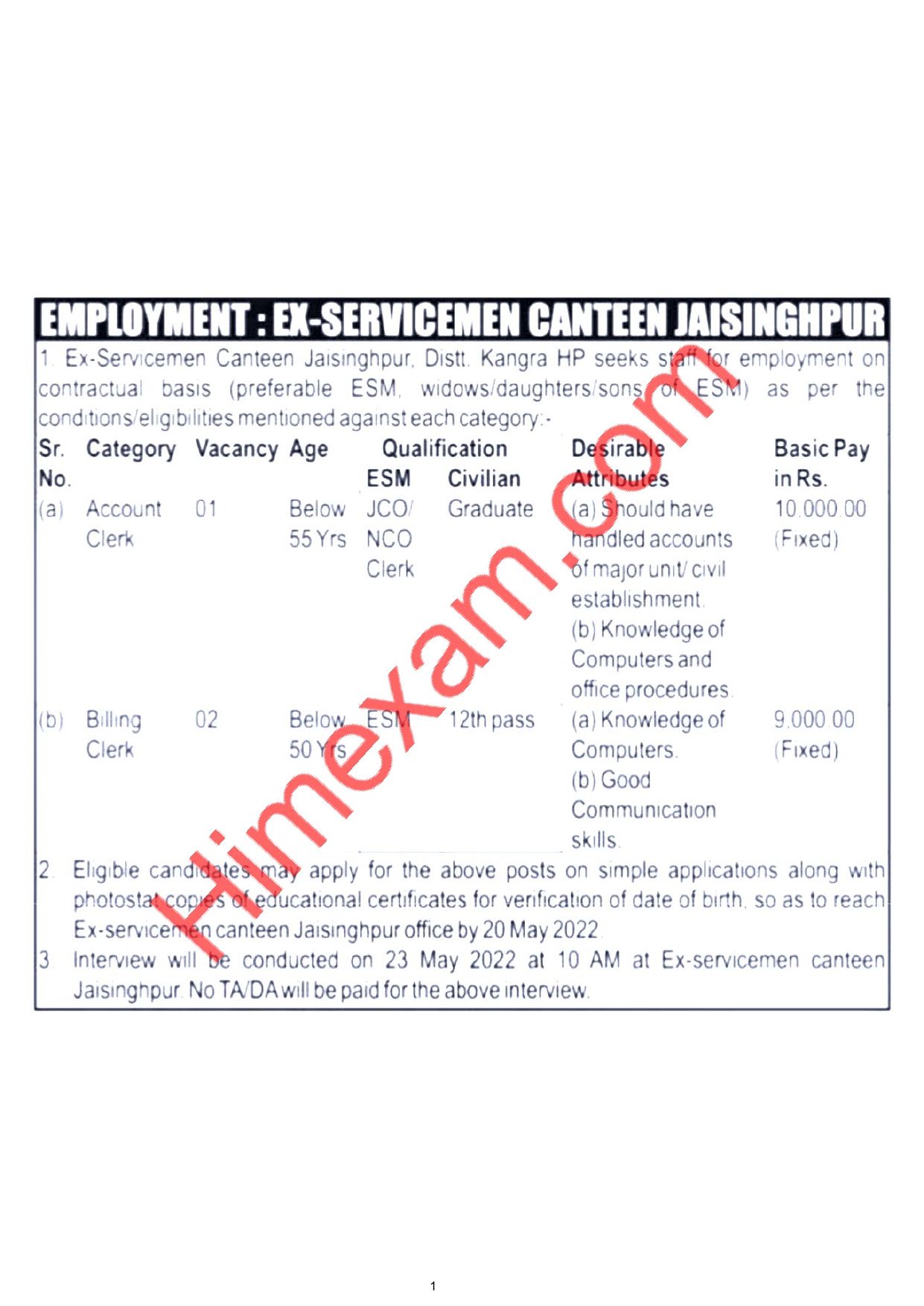 Ex-Servicemen Canteen Jaisinghpur Clerk Recruitment 2022