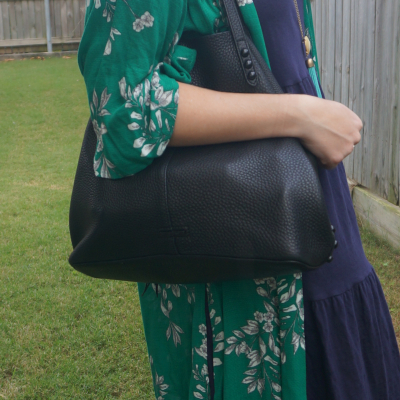 green floral duster, Rebecca Minkoff medium unlined tote in black with shellac studded dome hardware | awayfromtheblue