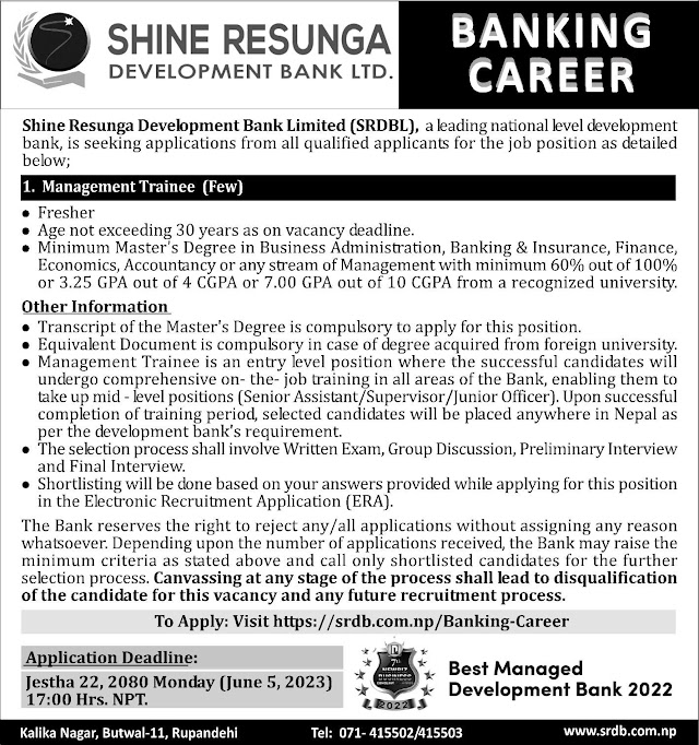 Vacancy from Shine Resunga Development Bank for Management Trainee