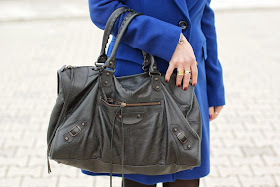 cobalt blue coat, black Balenciaga work bag, Fashion and Cookies, fashion blogger
