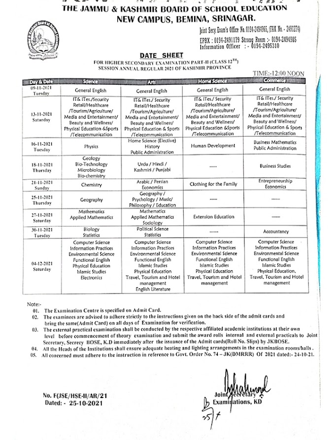 JKBOSE Class 12th Date sheet Released | Download Here 