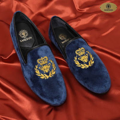 Bee Crest Navy Velvet Slip on Bumblebee Honey