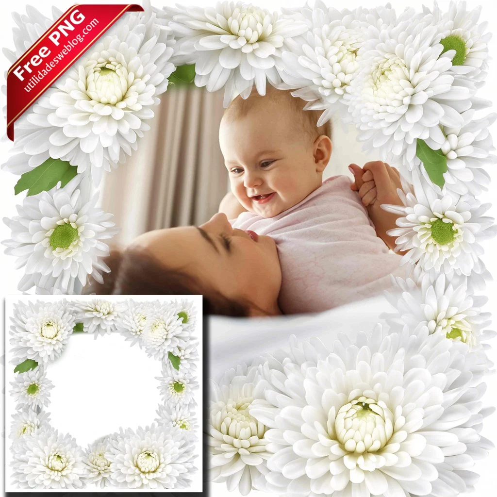 marco para fotos con flores de chrysanthemum o crisantemo blanco en png con fondo transparente para descargar gratis