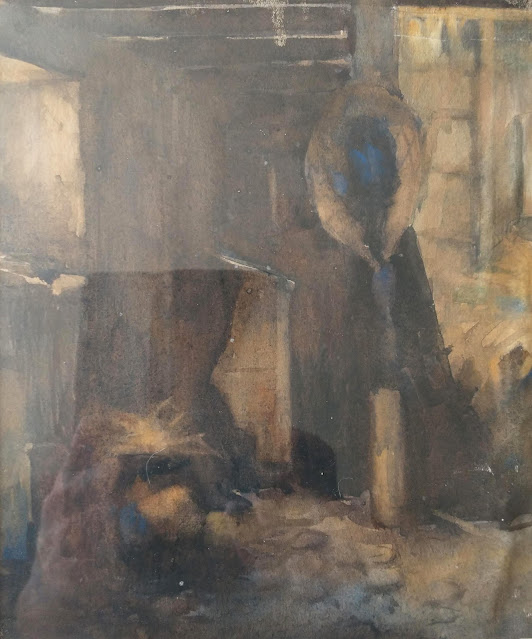 Watercolour of a dimly lit interior, filled with objects that include a yoke, "Inside a stable," by Winnie Stuart Burnett.