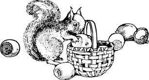 drawing of a squirrel taking acorns from a basket