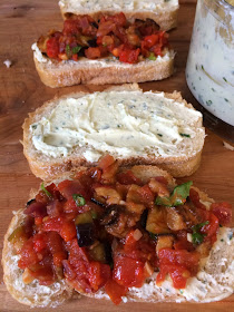 garlic goat cheese spread and caponata panini