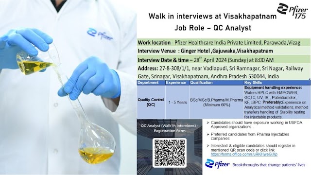 Pfizer Healthcare | Walk-in interview for Quality control on 28-Apr-2024