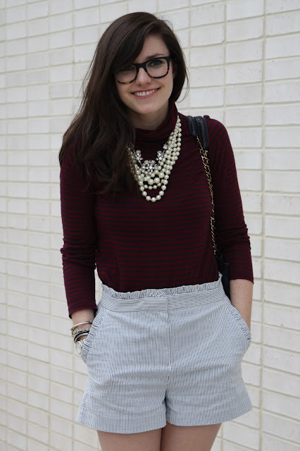 2017, spring, J.Crew, stripes, turtleneck, ruffles, pearls, patterns, OOTD, 