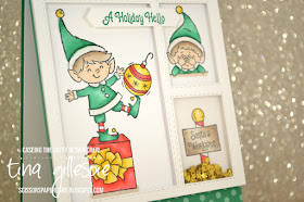 scissorspapercard, Stamping' Up!, CASEing The Catty, # Elfie, Stampin' Blends, In Colour DSP, Stitched Rectangle Dies, Shaker Card, Christmas