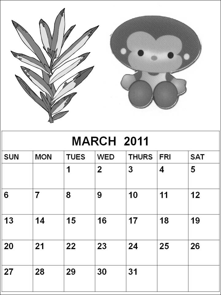 Children Coloring pages March 2011 Calendar with cute cartoon picture for 