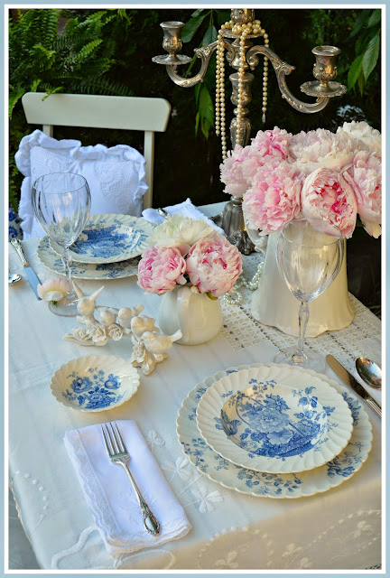  blue and white tablescape, peonies