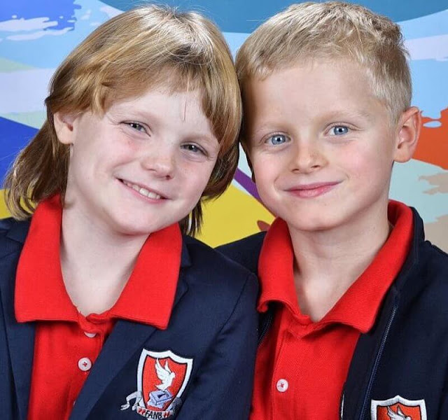 Princess Charlene shared a new photo of her children Hereditary Prince Jacques and Princess Gabriella. school uniform
