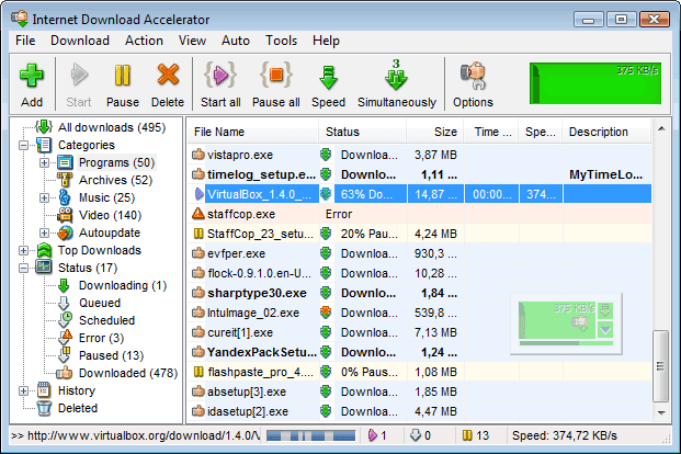 Screenshots of Internet Download Accelerator