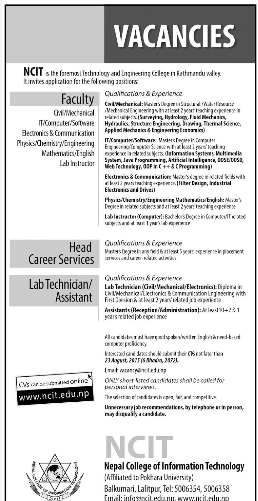 Job Vacancy NCIT (Nepal College of Information Technology 