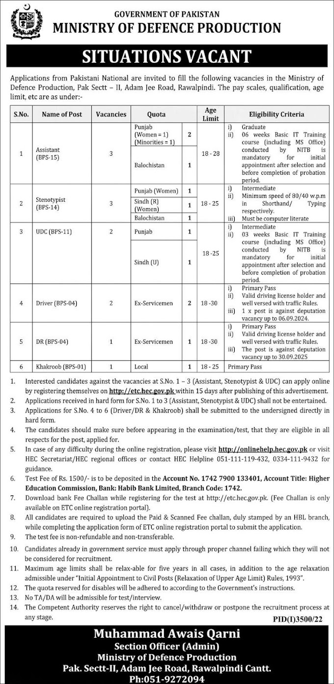 MODP Jobs 2022 | Ministry of Defence Production Jobs