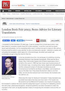 screen shot of Publishers Weekly article, "London Book Fair 2023: Some Advice for Literary Translators" By Samantha Schnee, with a photo of Samantha