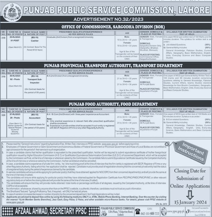 Punjab Public Service Commission, Lahore, Cashier-Transport Sub-Inspector-Accountant, Jobs 2024!