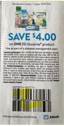 $4.00/1 Glucerna Product Coupon from "SMARTSOURCE" insert week of 8/27/23 (Exp 10/7/23).
