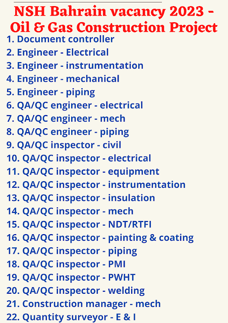 NSH Bahrain vacancy 2023 - Oil & Gas Construction Project