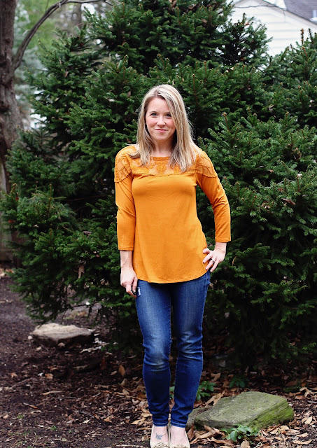 Stitch Fix Daniel Rainn Bethanie Lace Yoke Knit Top mustard1