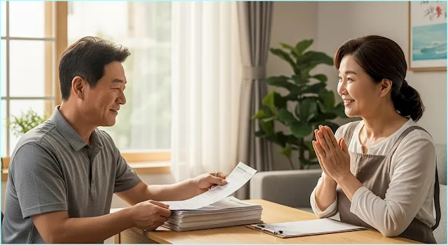 햇살이 비치는 한국의 가정집 서재에서 중년 부부가 함께 앉아있다. 남편은 정리된 서류와 급여가 든 봉투를 아내에게 건네고, 아내는 고마움과 안도감이 섞인 미소로 이를 바라본다. 이는 단순한 돈의 이동이 아닌, 서로의 노고를 인정하고 신뢰를 쌓는 과정을 상징적으로 보여준다.