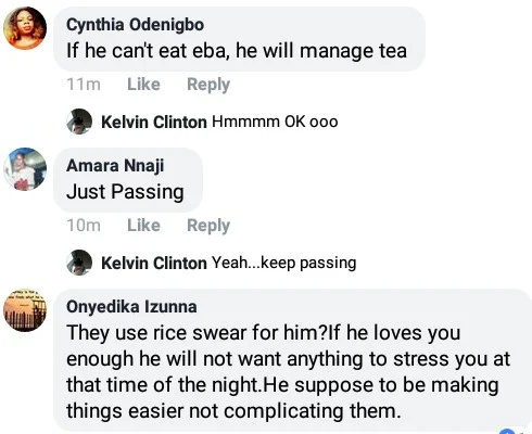 Your husband returns home at 12 midnight, you serve him Eba and he asks for rice. Will you cook it? - Nigerian women respond