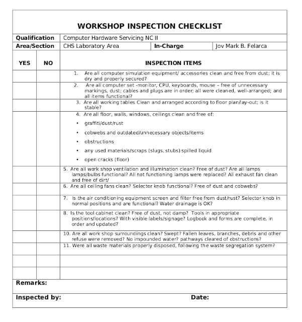 Sample Workshop Housekeeping Checklist