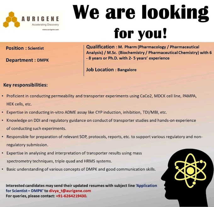 AURIGENE - MSc, Mpharmacy candidates hiring for Bangalore location in experienced candidates 2021.
