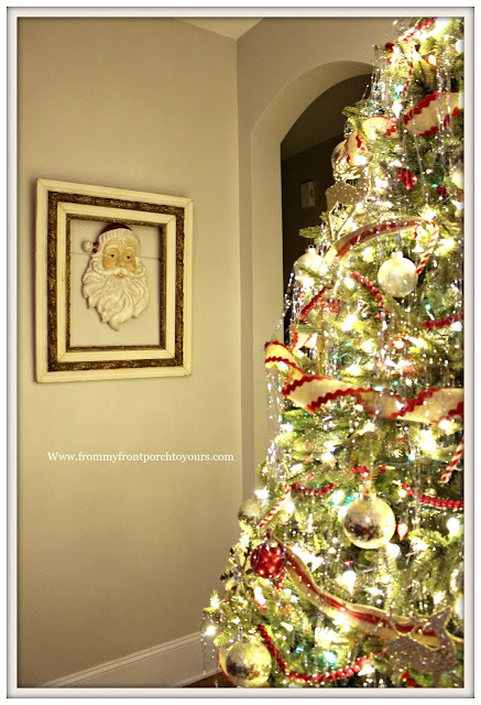 Vintage Inspired Farmhouse Christmas Tree-Vintage Santa-Tinsel On Tree-Christmas Lights- From My Front Porch To Yours