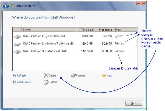 cara instal windows 7 delete partisi