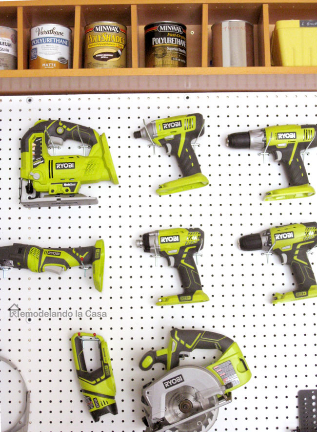 a weekend project to bring organization to the tools in the garage. Ryobi tools on pegboard