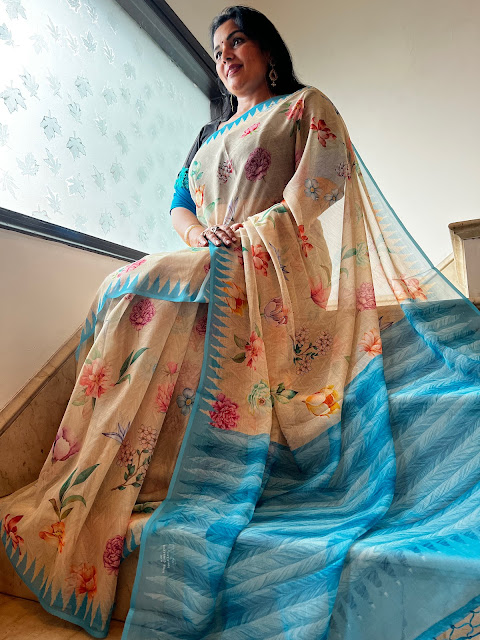 Whispers of Elegance: The Biscuit and Turquoise Printed Chiffon Saree