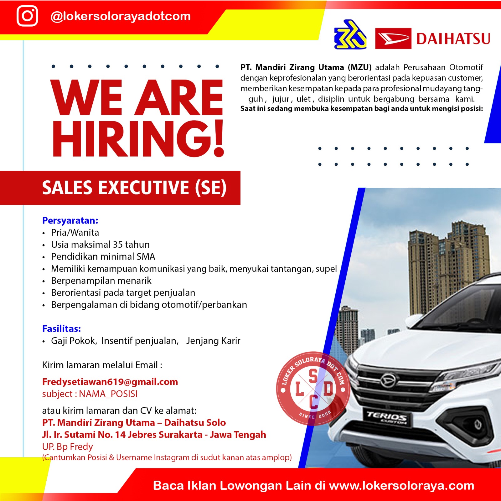 Loker Sales Executive Daihatsu di PT Mandiri Zirang Utama Solo