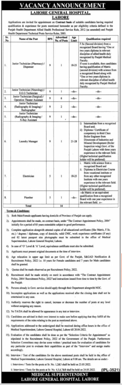 Latest Lahore General Hospital Medical Posts Lahore 2022