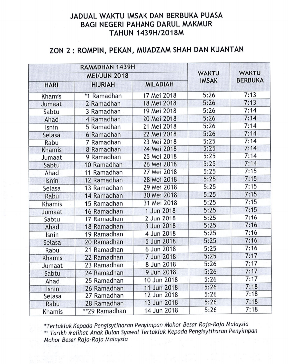 Jadual Waktu Imsak Dan Berbuka Puasa Tahun 1439h 2018m Bagi Negeri Pahang Cerita Ita