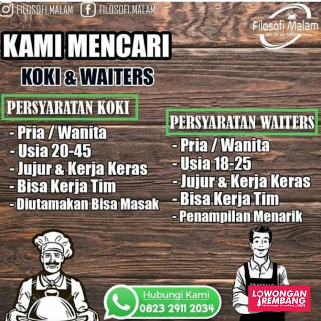 Lowongan Kerja Koki Waiters Filosofi Malam Blora Tanpa Syarat Pendidikan