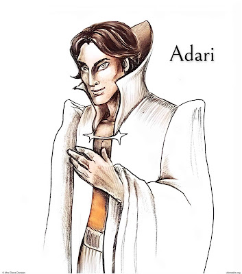 An artwork depicting a male Adari from the Vega system, characterized by brown-blue skin and crystalline Taal eyes
