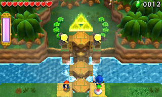 the end of a forest stage with a stone pillar bridge over a river and a Triforce pedestal above it