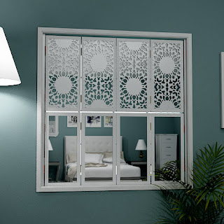 Tier on tier mirror window shutters with Nottingham Lace Mirrors