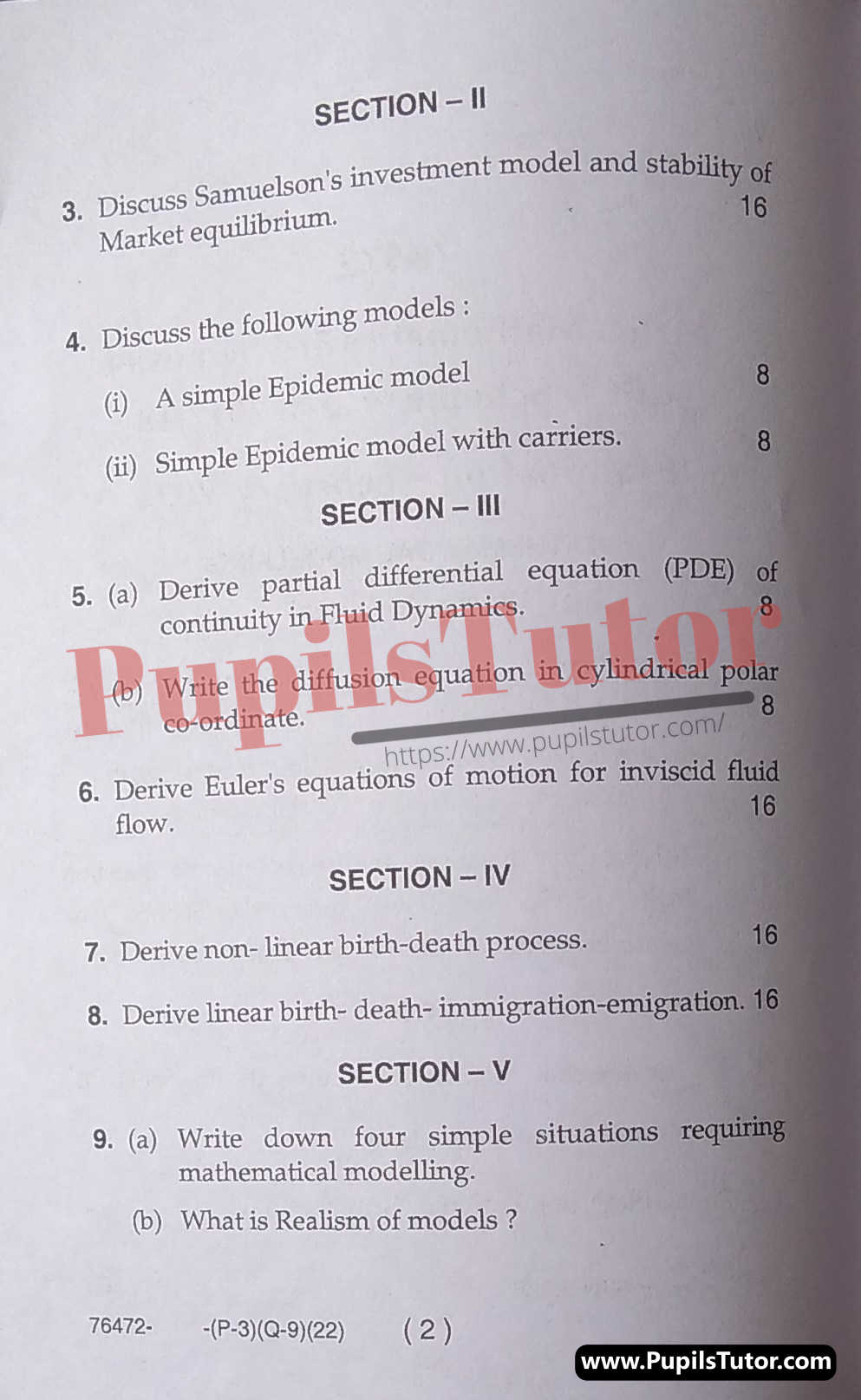 M.D. University M.Sc. [Mathematics] Mathematical Modelling Third Semester Important Question Answer And Solution - www.pupilstutor.com (Paper Page Number 2)