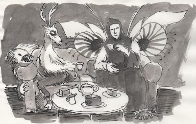 Tea isn't just good for monsters. Drawing of two monsters drinking tea on a sofa with another looking on. Drawing by David Borden