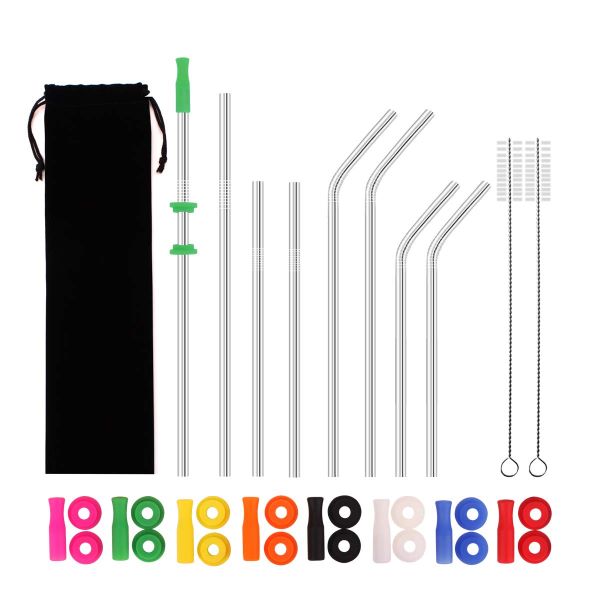 Stainless steel drinking straws with silicone colored tips and silencers and cleaning brushes