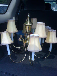 brass chandelier with lamp shades refinsihed with metallic satin nickel spray paint