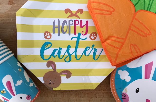Easter bunny paper plates and cups with carrot napkins