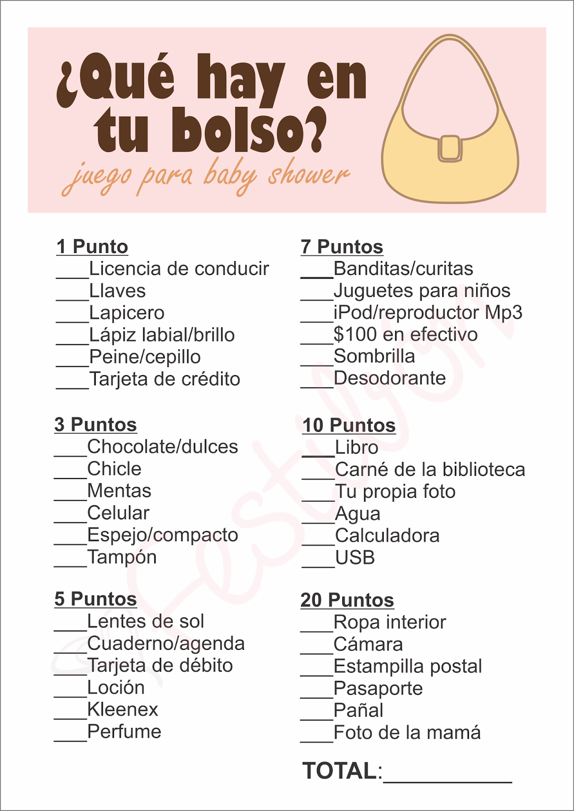 ¿Qué hay en tu bolso? | Juegos de Baby Shower