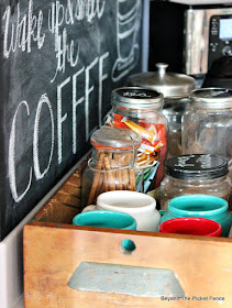 coffee station, repurposed, old drawer, chalkboard sign, coffee sign, mugs, farmhouse, http://bec4-beyondthepicketfence.blogspot.com/2015/10/coffee-station.html
