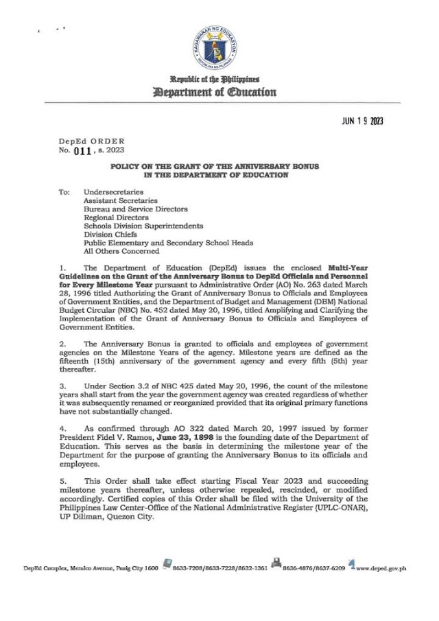 VP Sara approved the granting of Php 3,000.00 Anniversary Bonus to all DepEd officials and employees