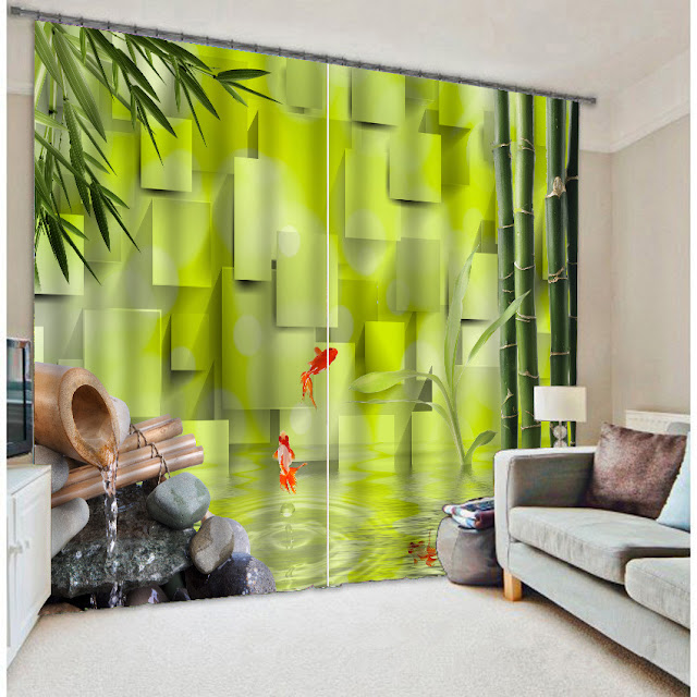 3D Bamboo Water and Fish Europe theme living room 3d curtains designs for interior and the best living room black out curtains